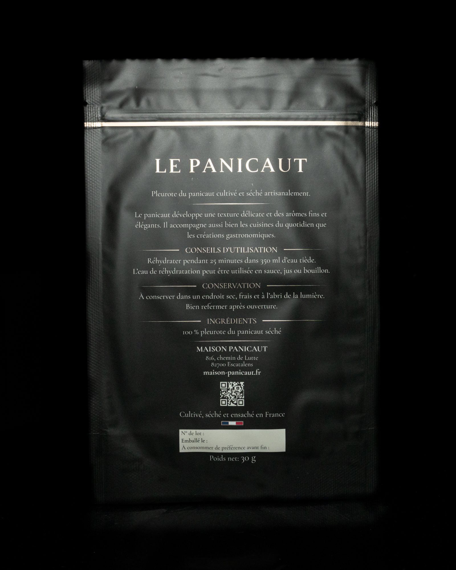 Dos du sachet de pleurotes du panicaut déshydratés